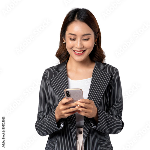 Young Asian Woman Texting on Smartphone Her focused expression and stylish outfit reflect the modern lifestyle