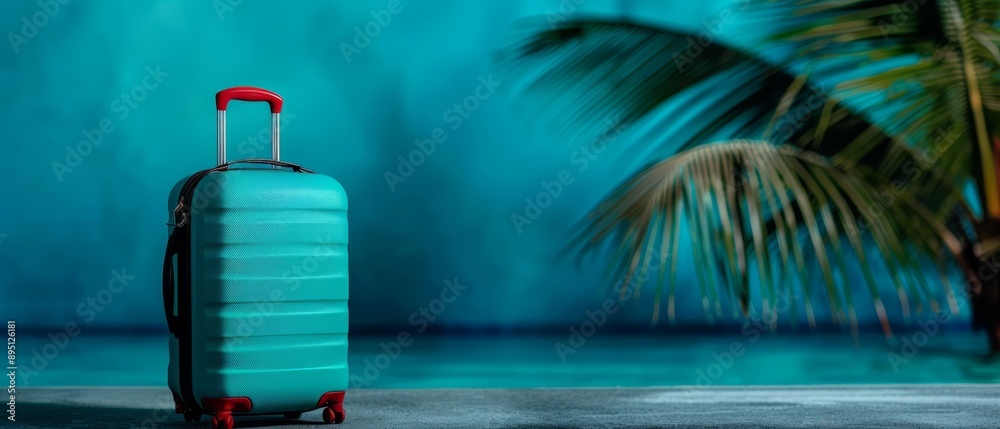 A blue suitcase with a red handle sits in front of a palm tree against a blue wall backdrop A blue suitcase with a red handle sits in front of a palm tree against a blue wall backdrop