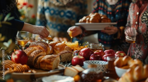 Rosh Hashanah gathering with people in traditional attire, sharing blessings and wishes for a sweet new year, with apples, honey, and challah bread beautifully arranged on the table, and festive decor
