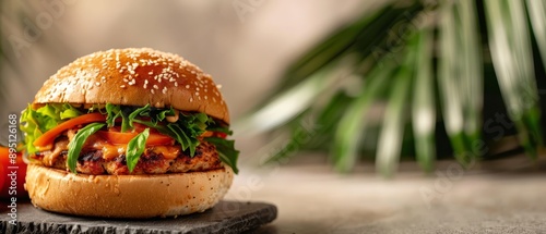  A hamburger with lettuce, tomato, and sesame seeds on a cutting board Nearby, a green plant