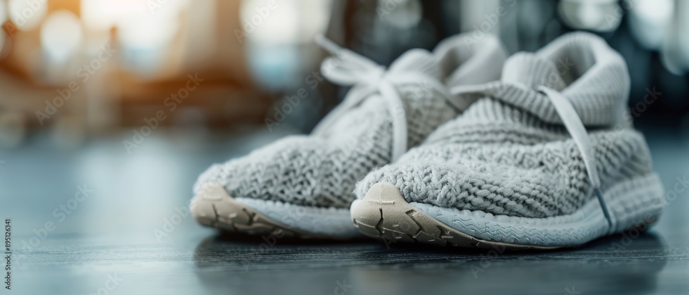 A tight shot of shoes on the floor, background featuring a hazy building image A tight shot of shoes on the floor, background featuring a hazy building image