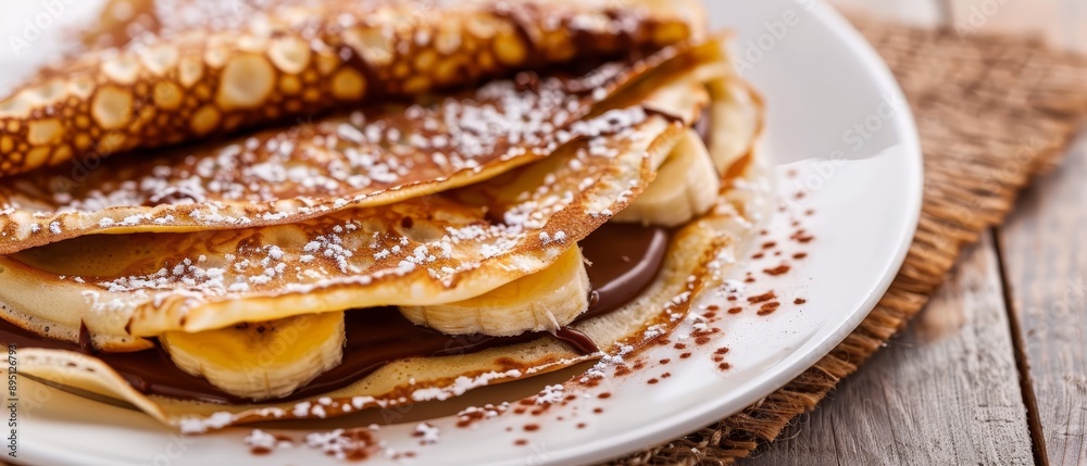 A white plate holds a stack of pancakes, their tops dripping with chocolate and generously sprinkled with powdered sugar atop a weathered wooden table A white plate holds a stack of pancakes, their tops dripping with chocolate and generously sprinkled with powdered sugar atop a weathered wooden table