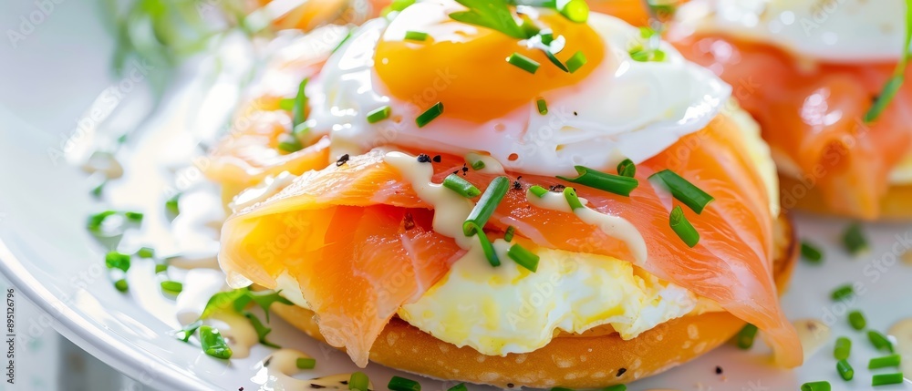 eggs and salmon atop bread Chives gracefully arranged to the side eggs and salmon atop bread Chives gracefully arranged to the side