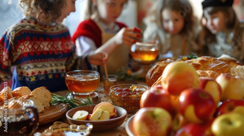 Rosh Hashanah gathering with people in traditional attire, sharing blessings and wishes for a sweet new year, with apples, honey, and challah bread beautifully arranged on the table, and festive decor