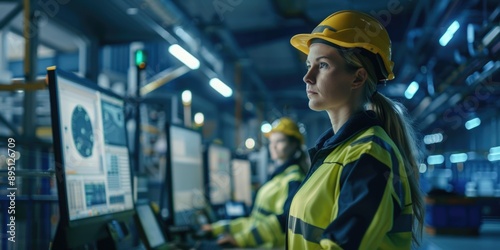 Woman in Yellow Hard Hat at Computer