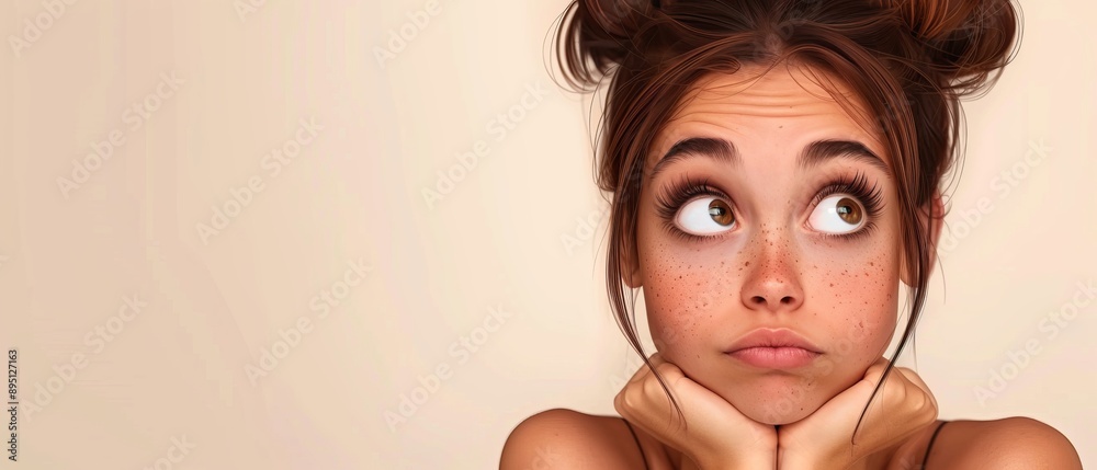Woman with freckled hair and eyes, gazing into camera with concern Woman with freckled hair and eyes, gazing into camera with concern