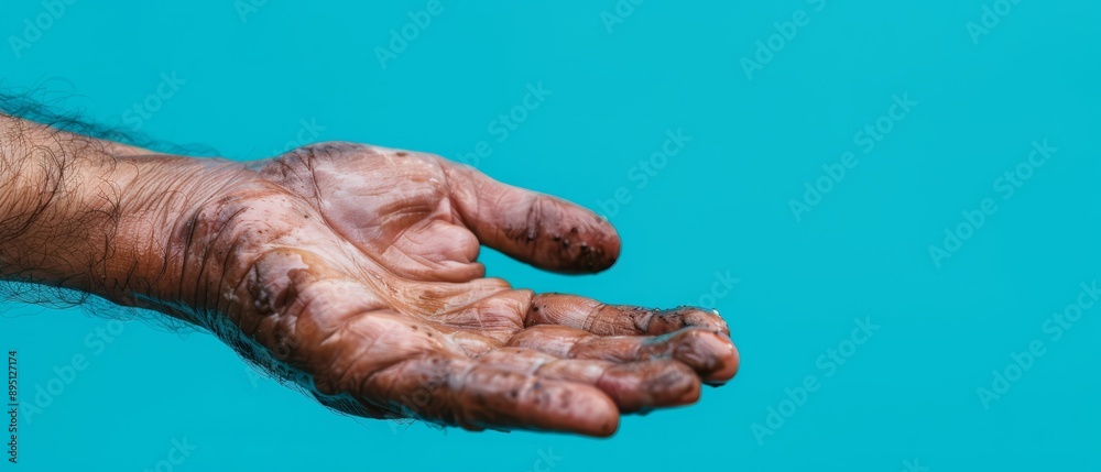 A hand in close-up, dirt smudged on left palm, contrasting against a tranquil blue backdrop A hand in close-up, dirt smudged on left palm, contrasting against a tranquil blue backdrop