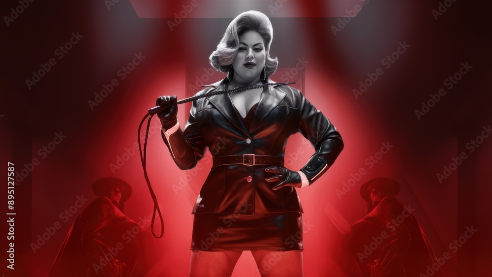 A woman in a leather outfit holding a whip and standing, AI A woman in a leather outfit holding a whip and standing, AI