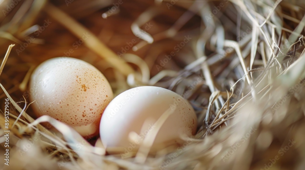 Easter themed close up of two new chicken eggs in nest Easter themed close up of two new chicken eggs in nest