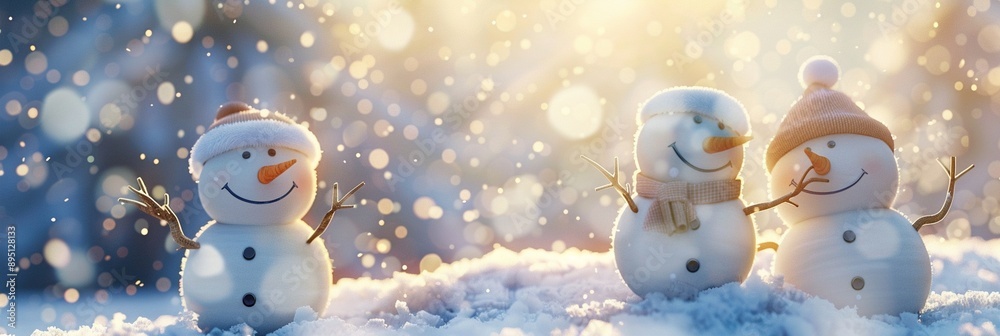 Cheerful miniature snowmen with carrot noses and stick arms stand together in sparkling snow, illuminated by soft, magical winter light and bokeh.