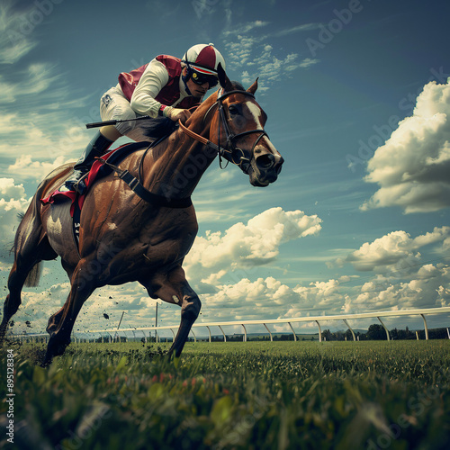 Close up Portrait of a horse and jockey racing