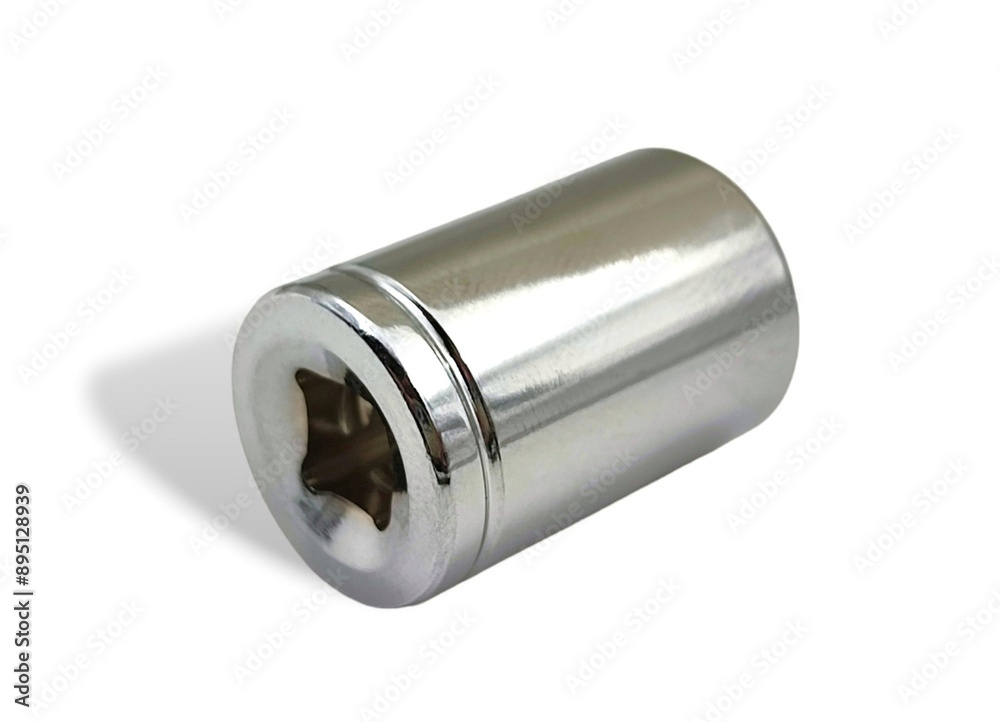 Photo of a 12mm chrome vanadium socket for a ratchet, wrench, or spanner, isolated on white background. Photo of a 12mm chrome vanadium socket for a ratchet, wrench, or spanner, isolated on white background.