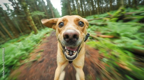 A dog with a GoPro harness running through a forest, capturing an adventurous vlog 