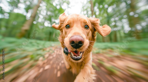 A dog with a GoPro harness running through a forest, capturing an adventurous vlog 