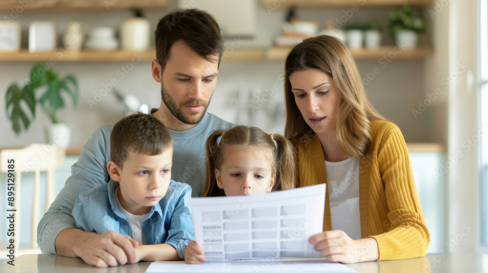 A family looking at an expensive utility bill at the kitchen table, expressions of concern 
