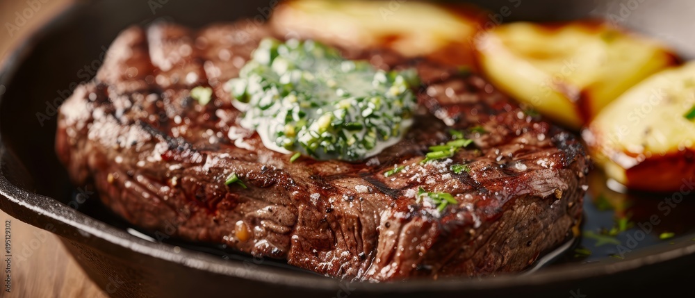 A tight shot of a sizzling steak in a skillet, surrounded by golden potatoes, and a garnish on the edge A tight shot of a sizzling steak in a skillet, surrounded by golden potatoes, and a garnish on the edge