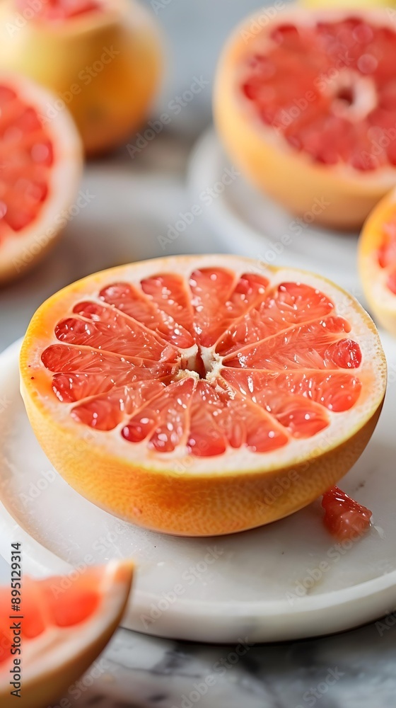 Close Up Of A Sliced Grapefruit On A Marble Surface Close Up Of A Sliced Grapefruit On A Marble Surface