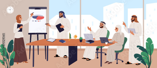 Arab business meeting. Muslim office staff working. Presentation in conference hall. Woman in hijab shows graphs at whiteboard. Islamic businessmen negotiation. Garish vector concept