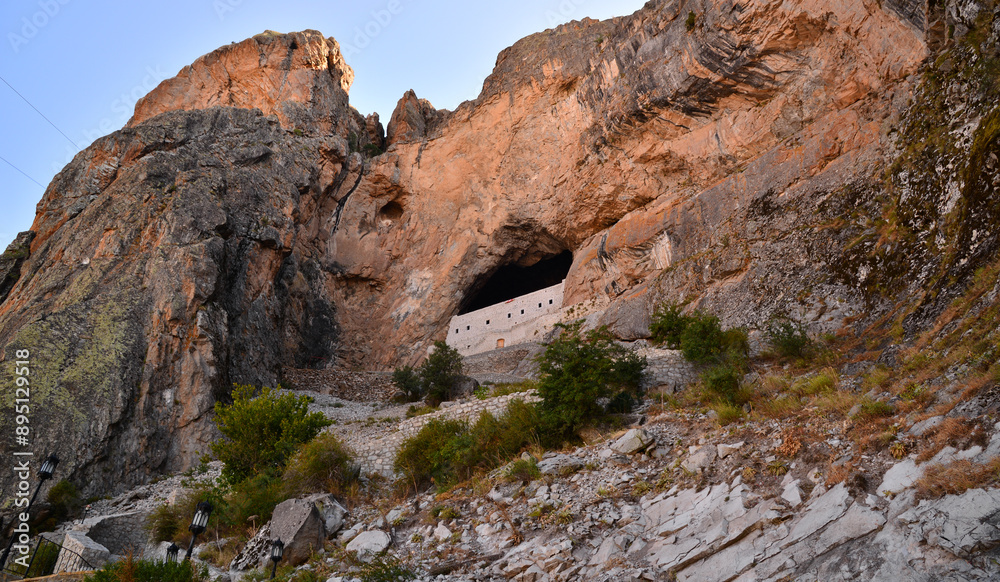 Obraz premium Located in Sebinkarahisar, Turkey, the Monastery of the Virgin Mary was built by carving the mountain during the Byzantine period. 