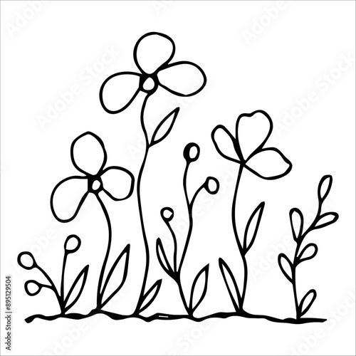 hand drawn wildflowers flower bed, monochrome, black and white