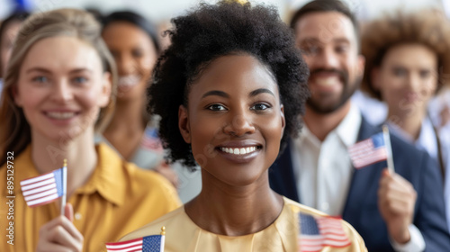 A group of people attending a citizenship ceremony, holding small flags and certificates, excited expressions 