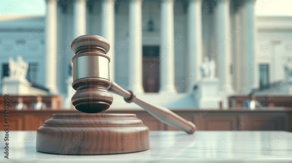 A judge's gavel on a stand, Supreme Court building in soft focus background A judge's gavel on a stand, Supreme Court building in soft focus background
