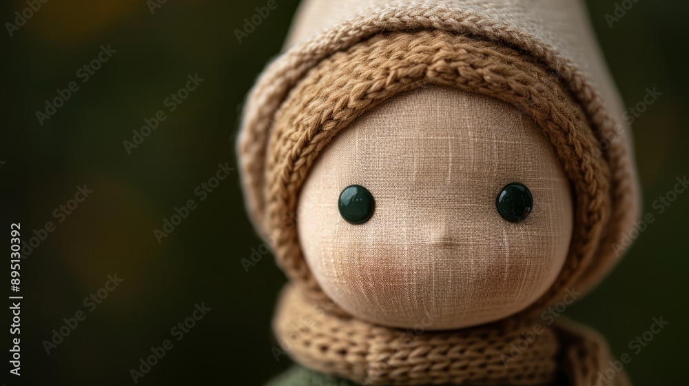 A tight shot of a cloth doll wearing a knit hat and scarf looped around its neck The doll's eyes are concealed A tight shot of a cloth doll wearing a knit hat and scarf looped around its neck The doll's eyes are concealed
