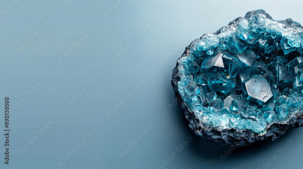 A tight shot of a rock teeming with blue crystals against a blue backdrop, its surface mirroring the gentle, light-blue hue A tight shot of a rock teeming with blue crystals against a blue backdrop, its surface mirroring the gentle, light-blue hue