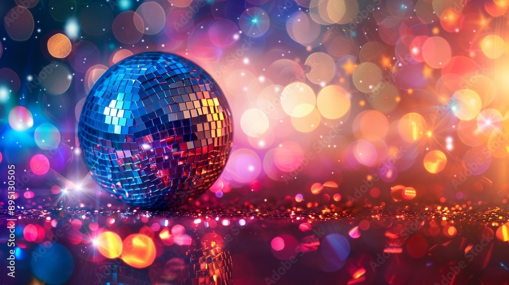 Glittering disco ball reflects vibrant colors amidst a sea of bokeh lights, creating a mesmerizing party atmosphere full of energy and celebration.