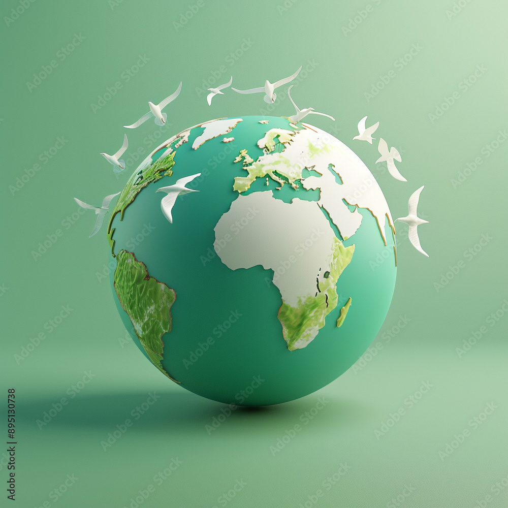 Earth globe 3D with birds around, simple earth on empty background Earth globe 3D with birds around, simple earth on empty background