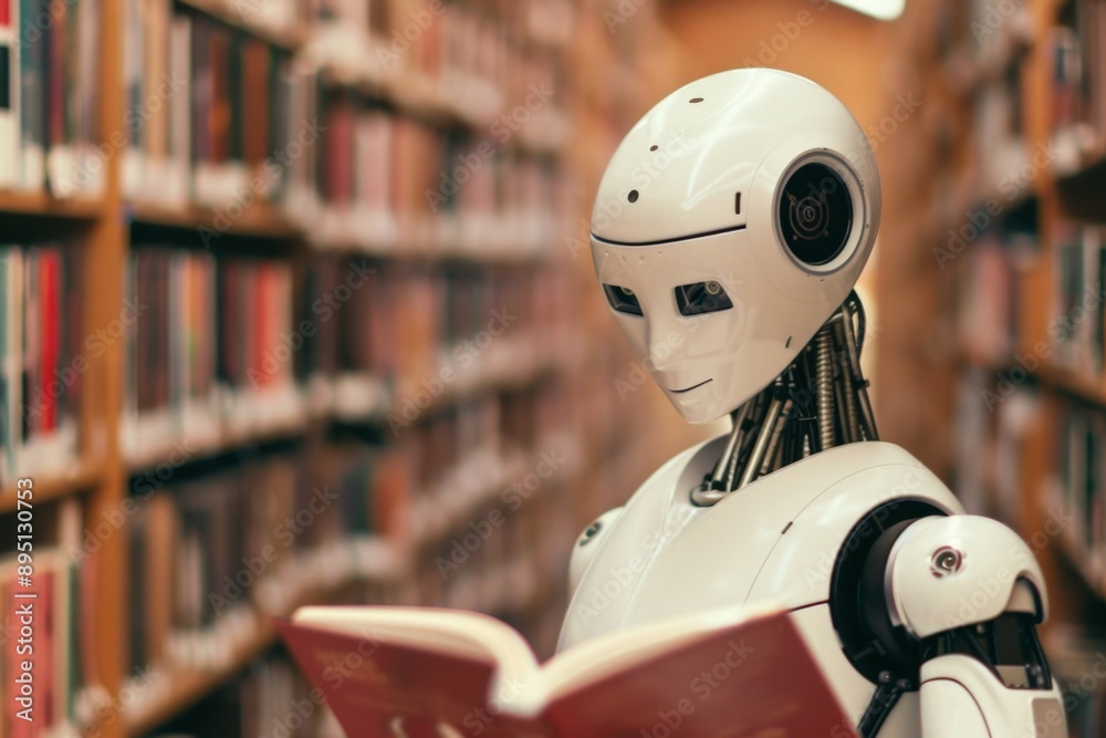 Fototapeta premium Futuristic Robot Engrossed in Reading a Book in Library Setting