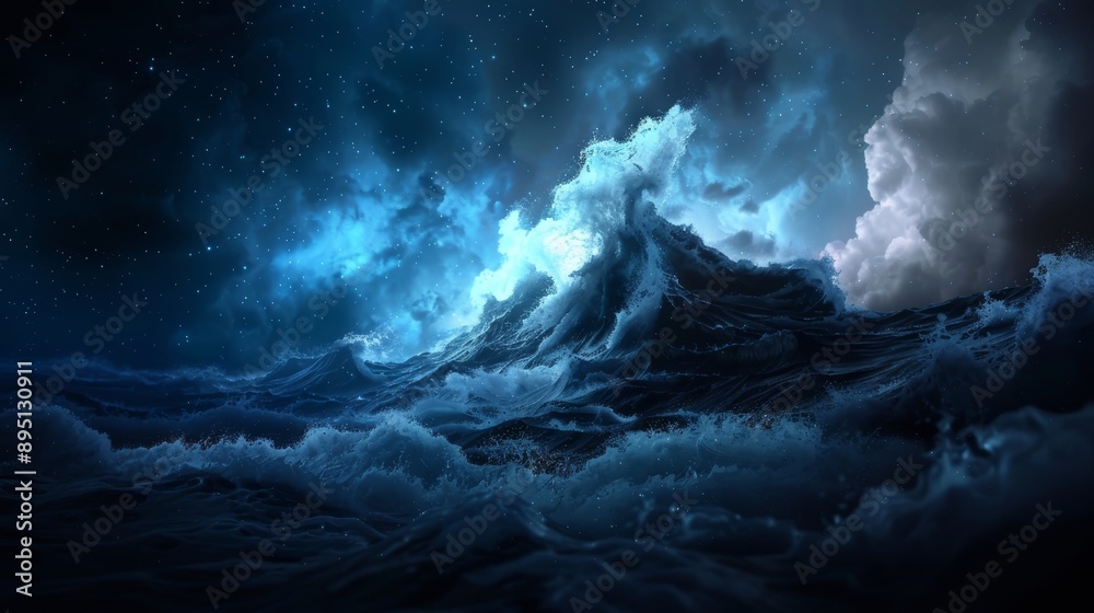 A painting of a wave in the ocean, topped with a sky bearing clouds and stars A painting of a wave in the ocean, topped with a sky bearing clouds and stars