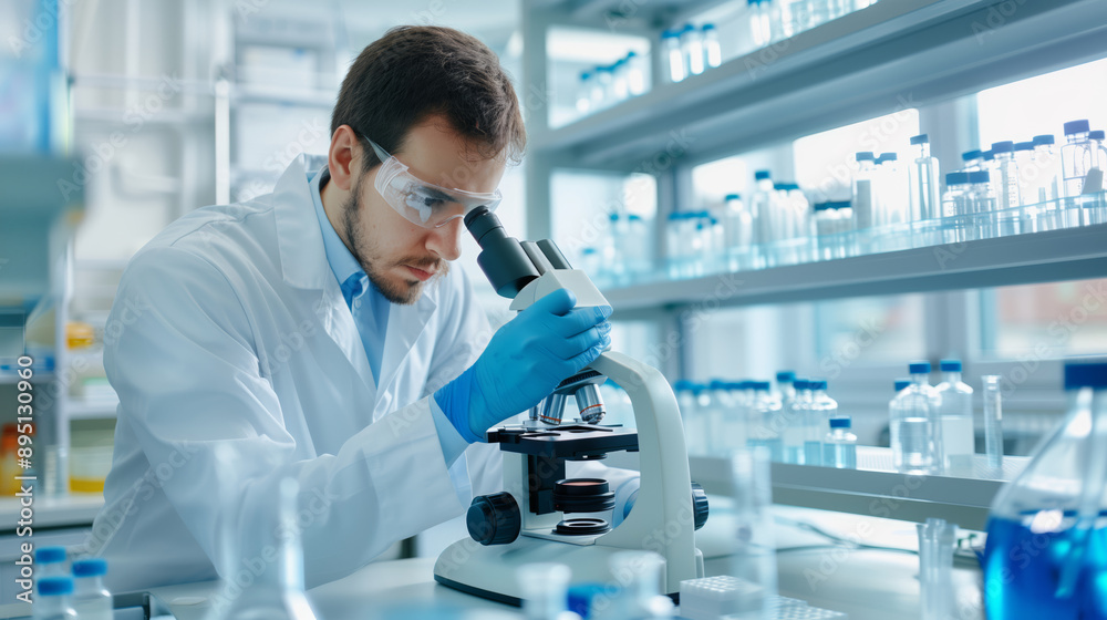 A researcher in a lab looking through a microscope, cancer research equipment and samples around A researcher in a lab looking through a microscope, cancer research equipment and samples around