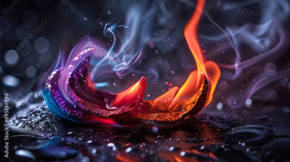 A tight shot of a vibrant object atop a texture-rich surface, exuding intense fires and billowing smoke A tight shot of a vibrant object atop a texture-rich surface, exuding intense fires and billowing smoke