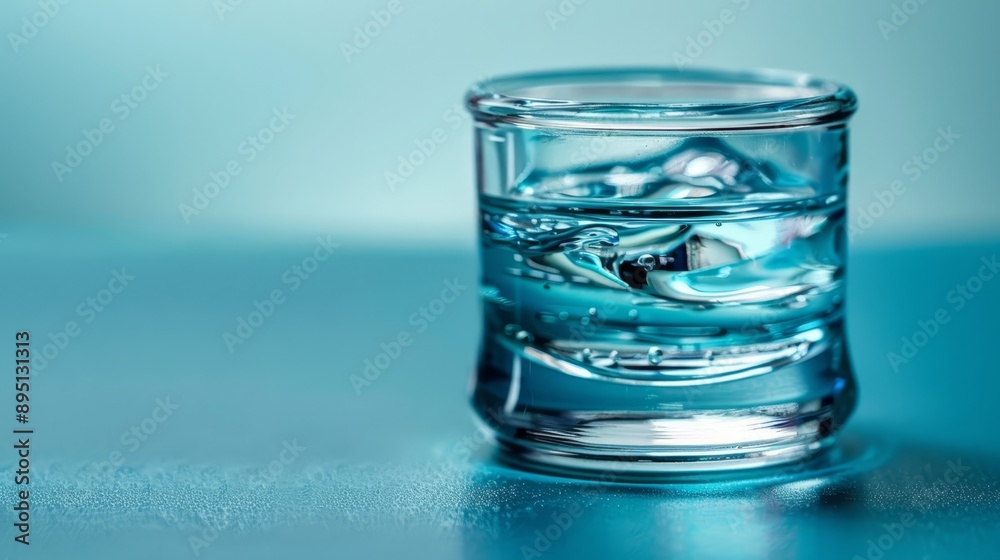 A close-up of a glass of water on a blue table, reflecting its image in the glass A close-up of a glass of water on a blue table, reflecting its image in the glass