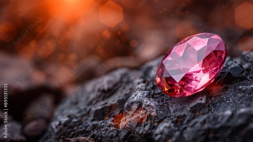 A tight shot of a rosy diamond atop a rock against a backdrop of twinkling lights A tight shot of a rosy diamond atop a rock against a backdrop of twinkling lights