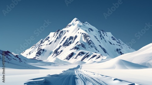  A snow-capped mountain distant, road in foreground, blue sky background