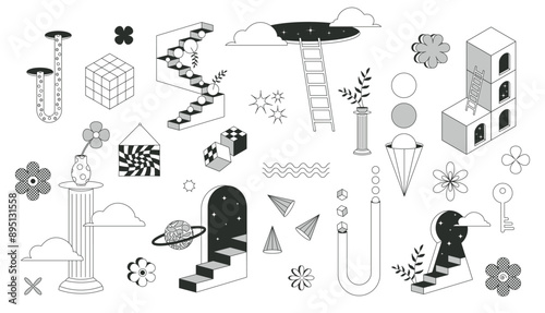Surrealism elements. Psychedelic modern. Surreal geometric abstract shapes. Stairs, ladder and door portal. Vector shapes in trippy monochrome style. Minimal 3d. Set illustrations on white background