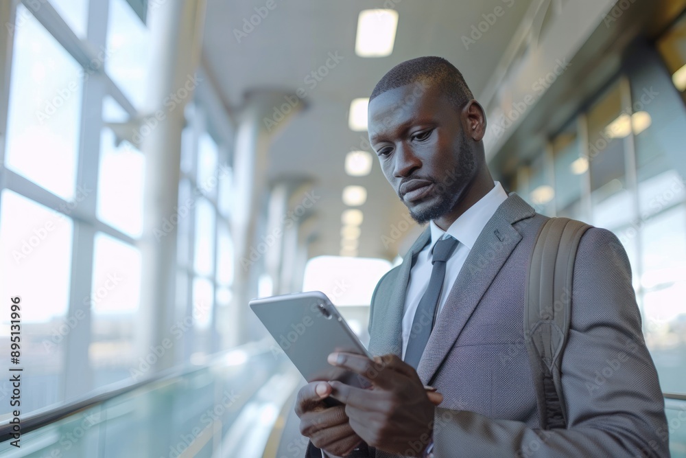 A businessman analyzing financial reports on a tablet while on a business trip A businessman analyzing financial reports on a tablet while on a business trip