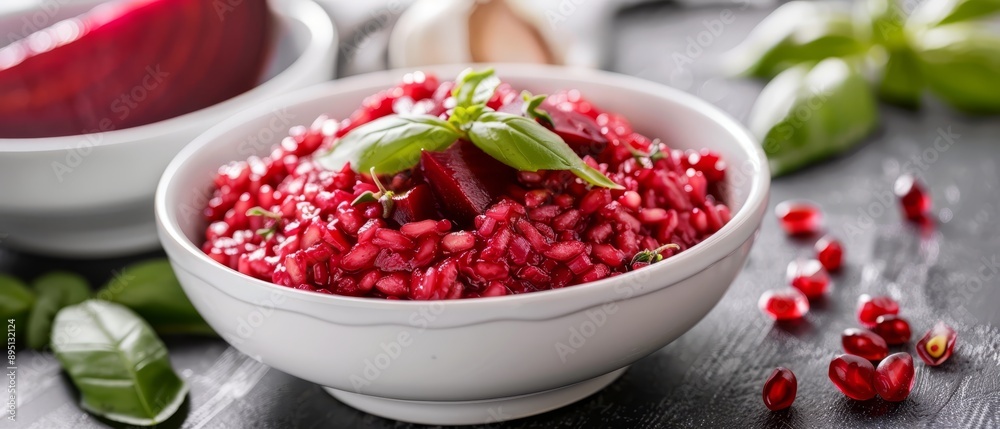 A white bowl holding a pomegranate sits next to another empty bowl on the table A white bowl holding a pomegranate sits next to another empty bowl on the table
