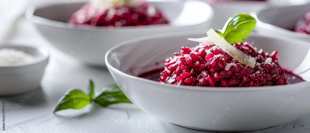 A white bowl holds pomegranates, garnished with a single green leaf atop A white bowl holds pomegranates, garnished with a single green leaf atop
