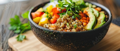  A tight shot of a bowl filled with vegetables and rice atop a cutting board on the table