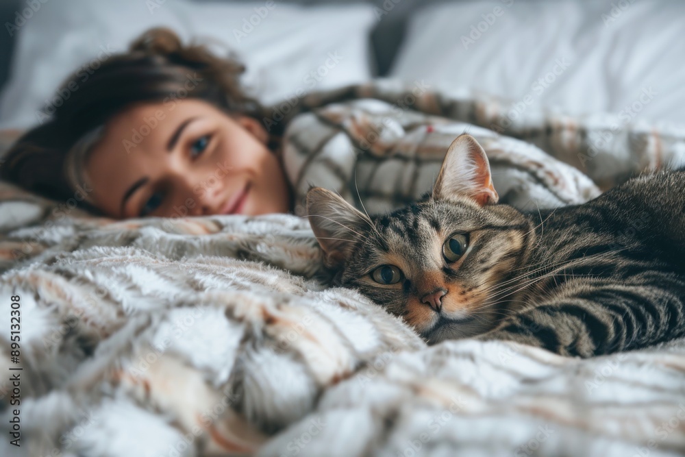 A cat owner lying in bed, smiling as their cat kneads the covers before settling down A cat owner lying in bed, smiling as their cat kneads the covers before settling down