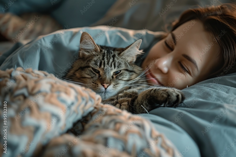 A cat owner lying in bed, smiling as their cat kneads the covers before settling down A cat owner lying in bed, smiling as their cat kneads the covers before settling down