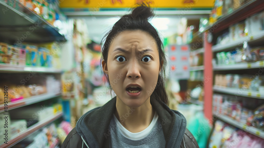 Portrait of an adult Asian, Chinese, or Korean woman at a retail store with an angry, upset facial expression, or emotion, frustrated, unhappy, irritated, and negatively confused female customer.