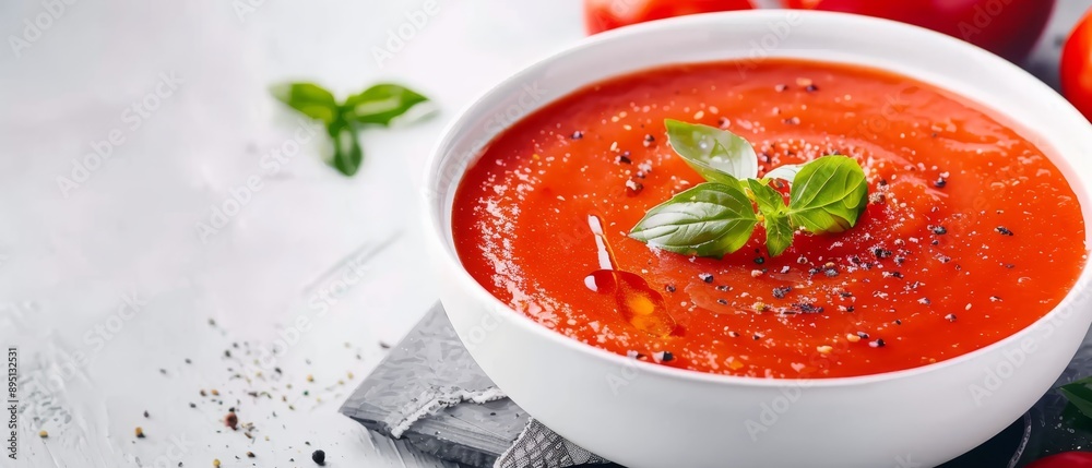 A bowl of tomato soup, garnished with basil and pepper, sits on a napkin Nearby, a bunch of tomatoes is displayed A bowl of tomato soup, garnished with basil and pepper, sits on a napkin Nearby, a bunch of tomatoes is displayed