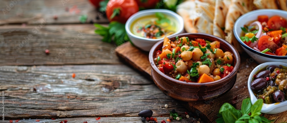 A tight shot of a wooden table displaying a bowl of food, with additional bowls on a nearby cutting board A tight shot of a wooden table displaying a bowl of food, with additional bowls on a nearby cutting board