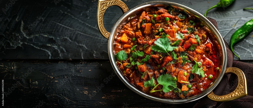  A tight shot of a wood table bearing a pot of food A cloth rests beside it