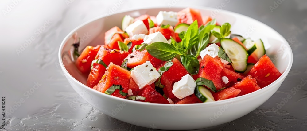A silver surface holds a white bowl of watermelon, cucumber, and feta cheese salad A silver surface holds a white bowl of watermelon, cucumber, and feta cheese salad