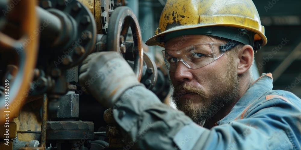 Man in Hard Hat Working on Machine Man in Hard Hat Working on Machine